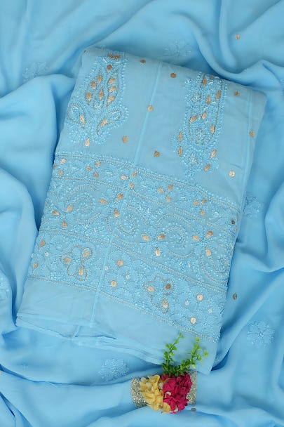 Ada Hand Embroidered Blue Viscose Georgette Lucknowi Chikankari Semi-Stitched Anarkali Kurta Dupatta Set With Pearl & Gota Patti Work 01A980053