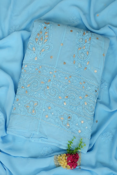 Ada Hand Embroidered Blue Viscose Georgette Lucknowi Chikankari Semi-Stitched Anarkali Kurta Dupatta Set With Pearl & Gota Patti Work 01A980053