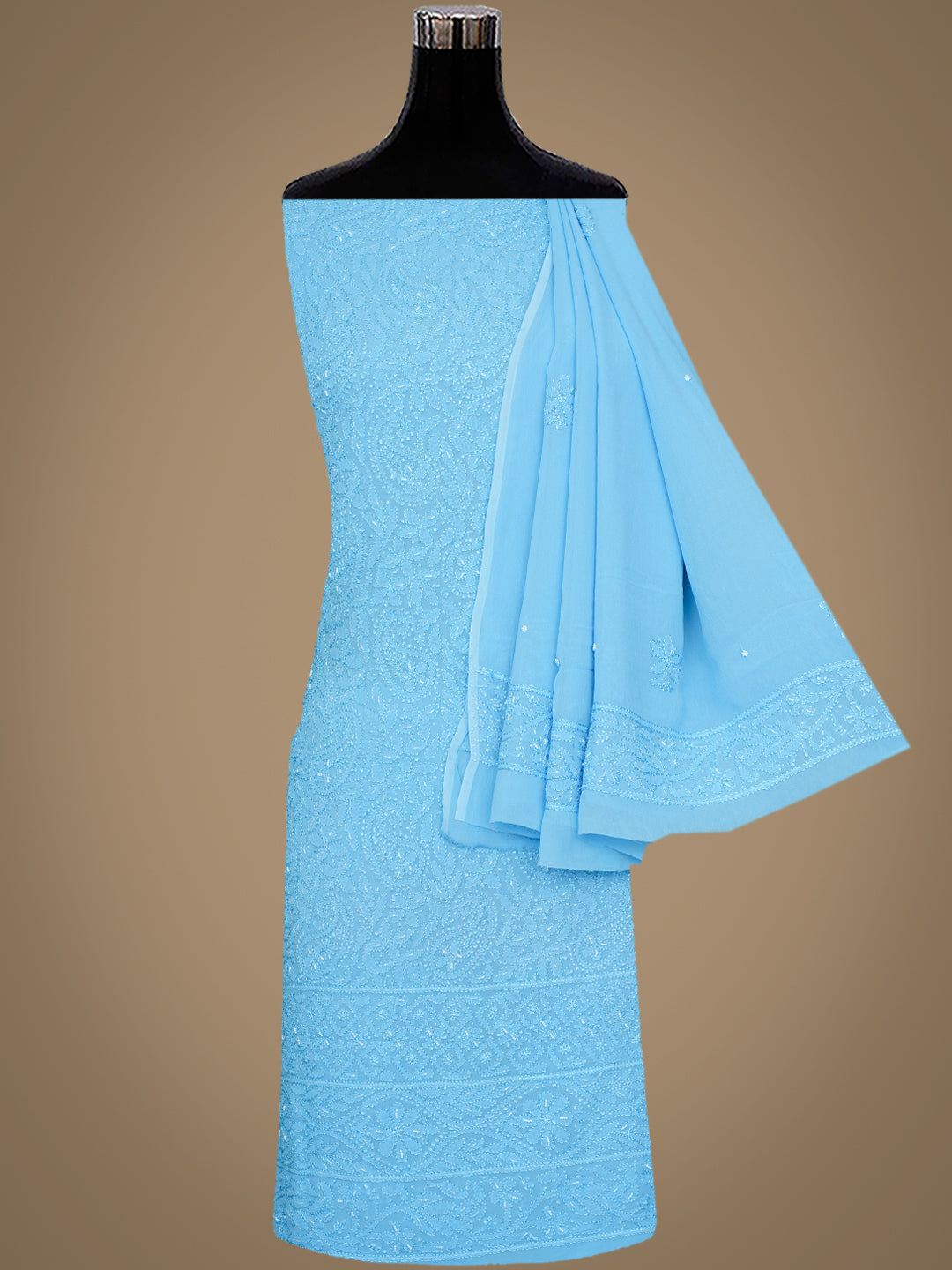 Ada Hand Embroidered Blue Viscose Georgette Lucknowi Chikankari Unstitched Kurta Dupatta With Cutdana Work 01A984125