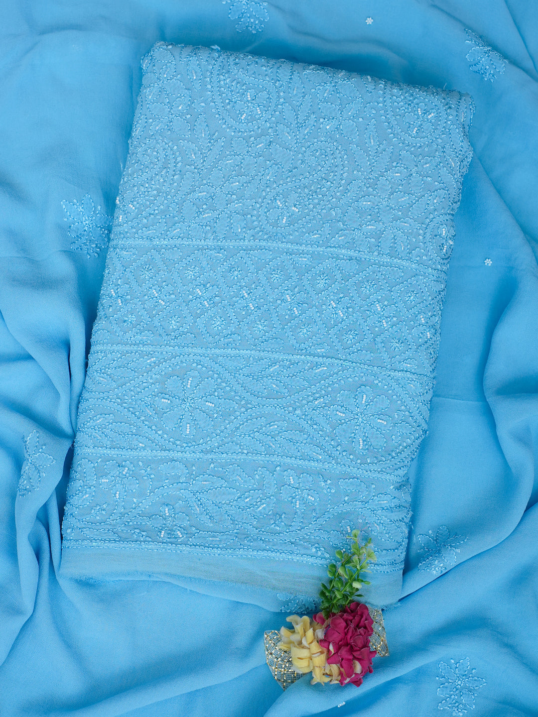 Ada Hand Embroidered Blue Viscose Georgette Lucknowi Chikankari Unstitched Kurta Dupatta With Cutdana Work 01A984125
