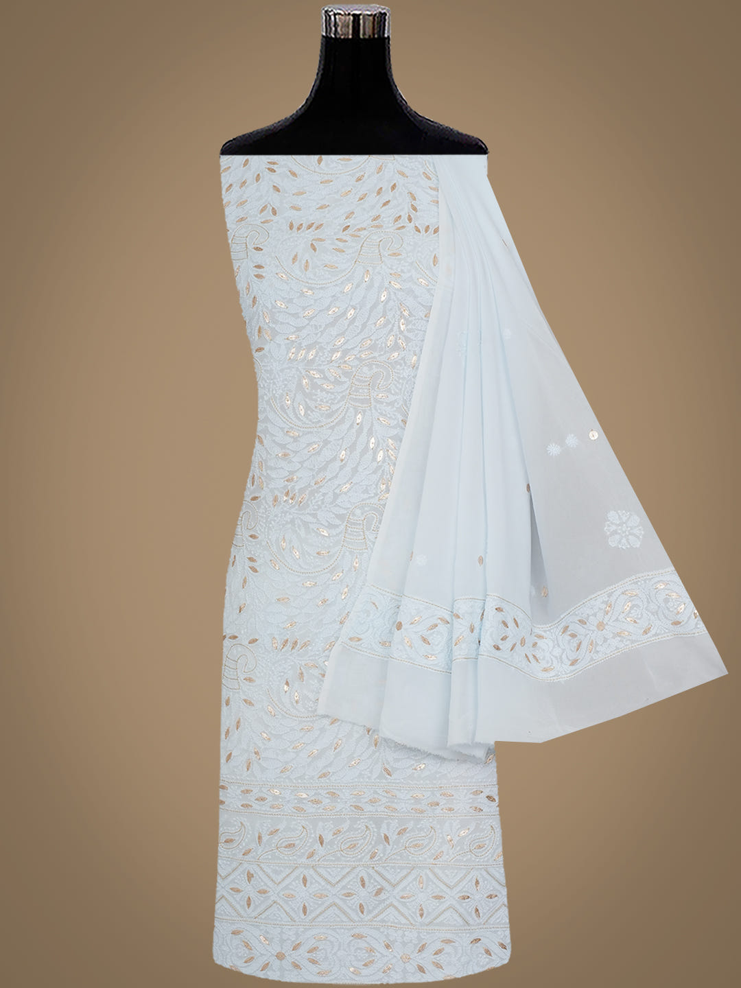 Ada Hand Embroidered Blue Viscose Georgette Lucknowi Chikankari Unstitched Kurta Dupatta Set With Gota Patti Work 01A962617