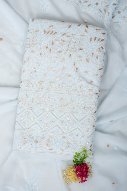 Ada Hand Embroidered Blue Viscose Georgette Lucknowi Chikankari Unstitched Kurta Dupatta With Gota Patti Work 01A962617