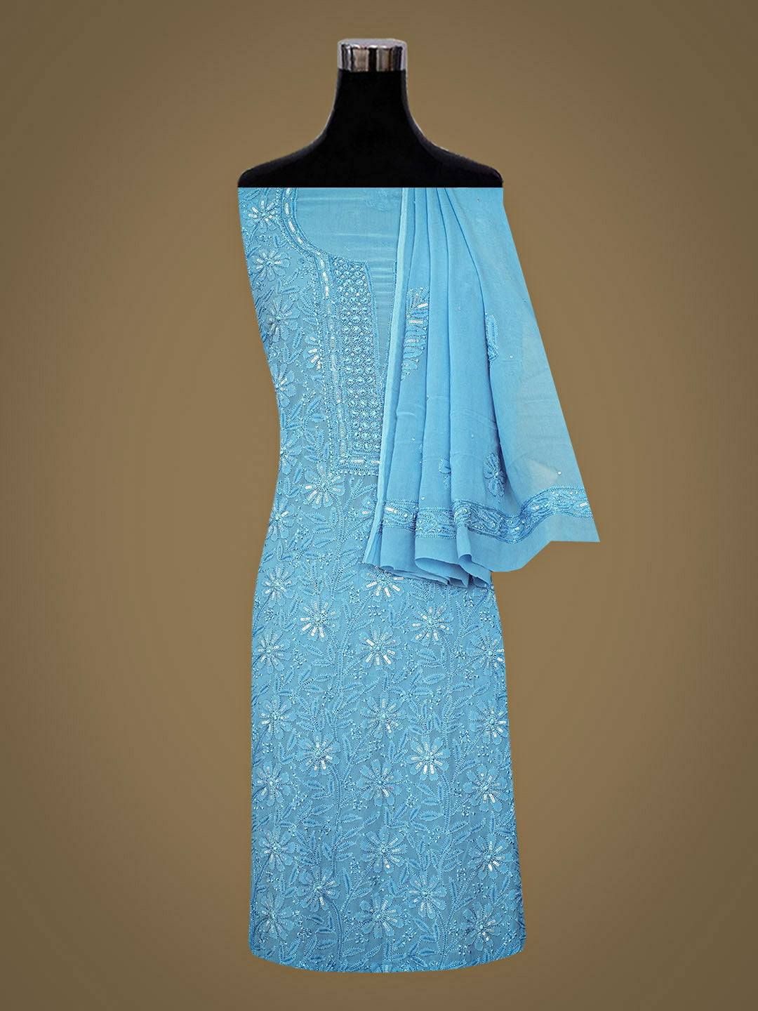 Ada Hand Embroidered Blue Viscose Georgette Unstitched Lucknowi Chikankari Kurta Dupatta With Cutdana Work 01A946289