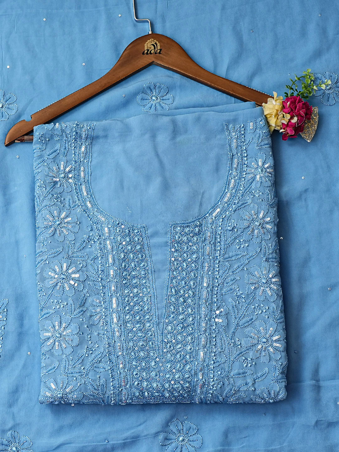 Ada Hand Embroidered Blue Viscose Georgette Unstitched Lucknowi Chikankari Kurta Dupatta With Cutdana Work 01A946289
