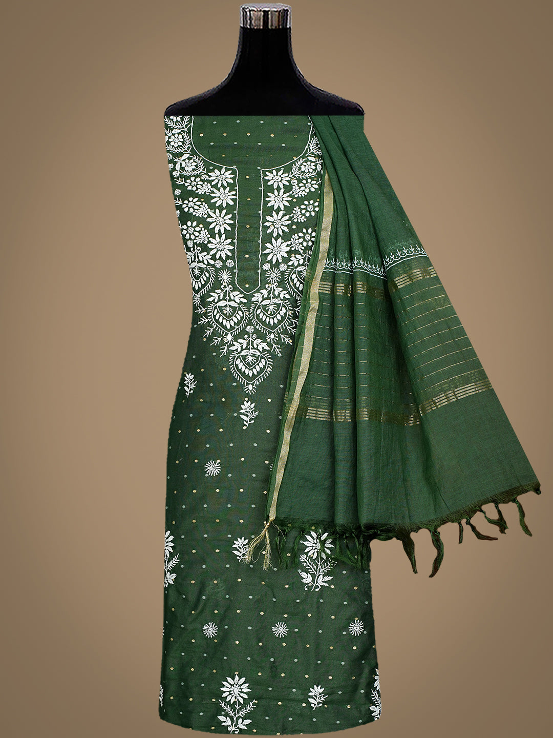 Ada Hand Embroidered Bottle Green Chanderi Lucknowi Chikankari Unstitched Suit Piece 01A989941