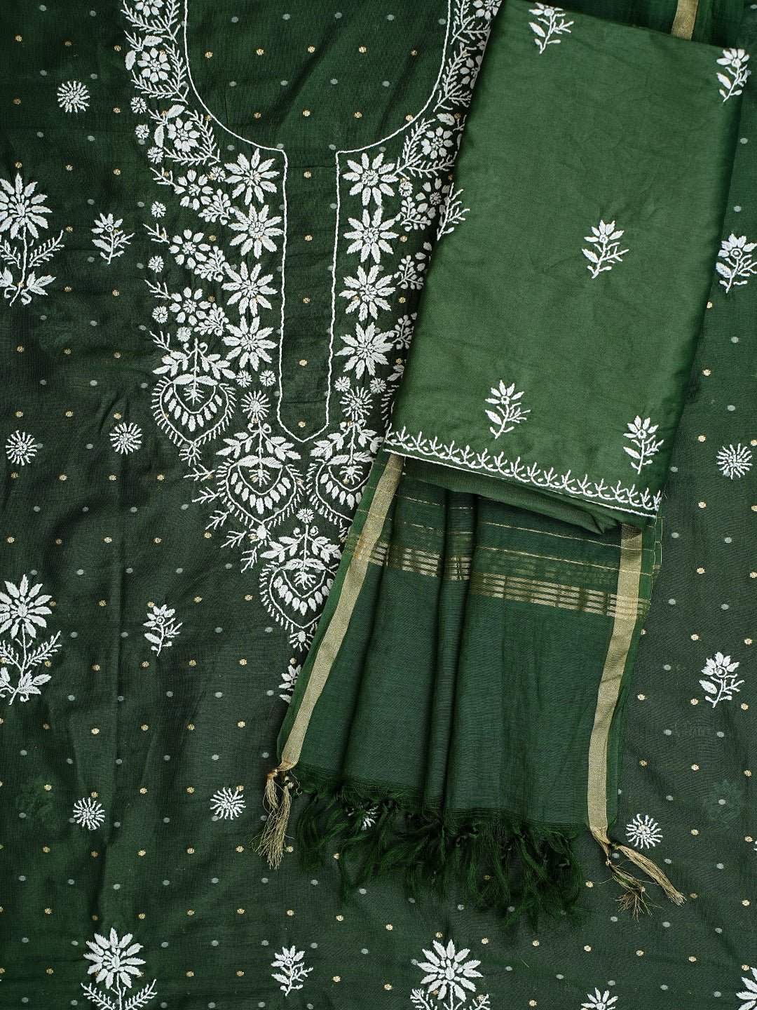 Ada Hand Embroidered Bottle Green Chanderi Lucknowi Chikankari Unstitched Suit Piece 01A989941