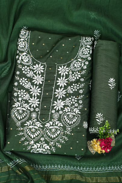 Ada Hand Embroidered Bottle Green Chanderi Lucknowi Chikankari Unstitched Suit Piece 01A989941