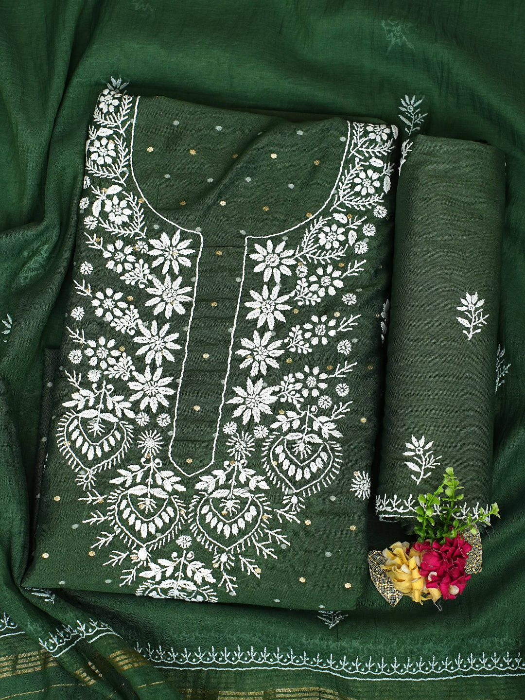 Ada Hand Embroidered Bottle Green Chanderi Lucknowi Chikankari Unstitched Suit Piece 01A989941