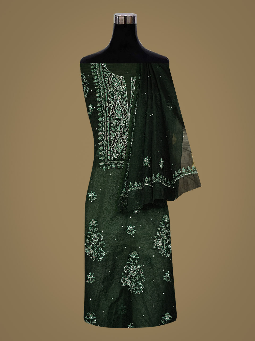 Ada Hand Embroidered Bottle Green Organza Lucknowi Chikankari Unstitched Kurta Dupatta Set With Cutdana Work 01A742232