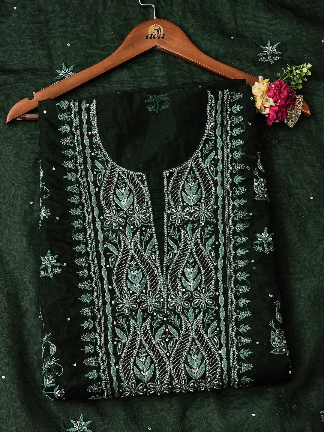Ada Hand Embroidered Bottle Green Organza Lucknowi Chikankari Unstitched Kurta Dupatta Set With Cutdana Work 01A742232
