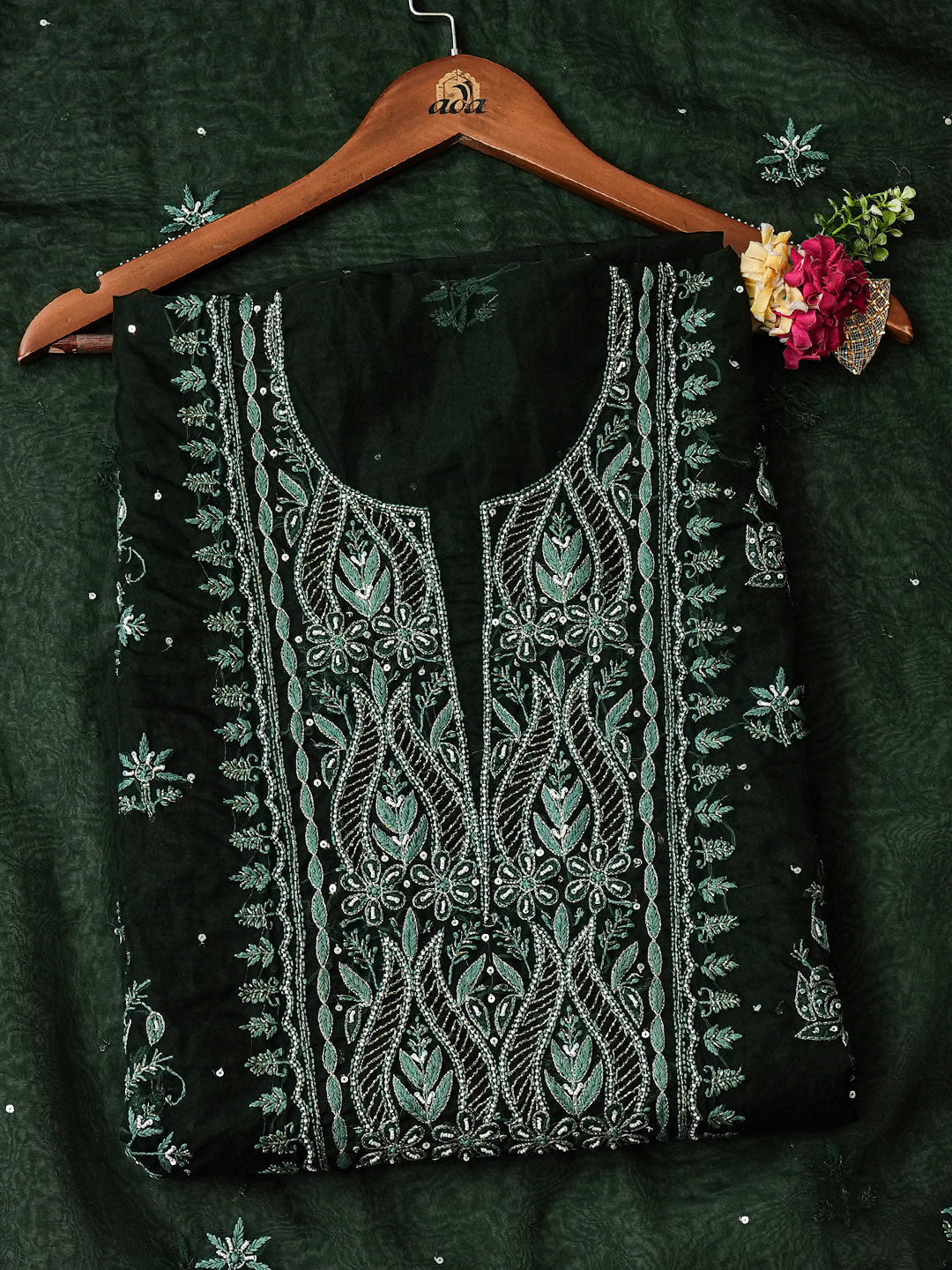 Ada Hand Embroidered Bottle Green Organza Lucknowi Chikankari Unstitched Kurta Dupatta Set With Cutdana Work 01A742232