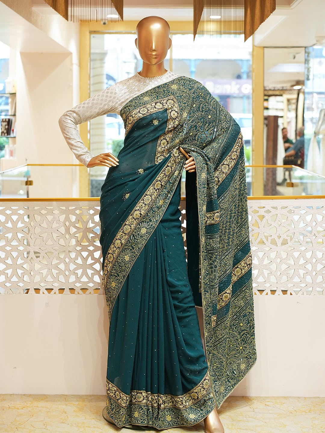 Ada Hand Embroidered Bottle Green Pure Georgette Lucknowi Chikankari Saree With Blouse And Sequinned Work 01A947778