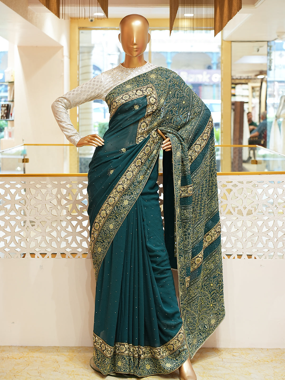 Ada Hand Embroidered Bottle Green Pure Georgette Lucknowi Chikankari Saree With Blouse And Sequinned Work 01A947778