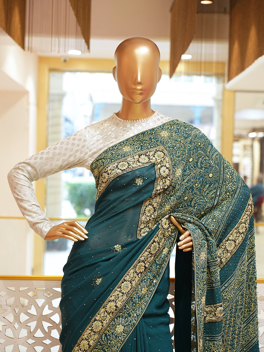 Ada Hand Embroidered Bottle Green Pure Georgette Lucknowi Chikankari Saree With Blouse And Sequinned Work 01A947778