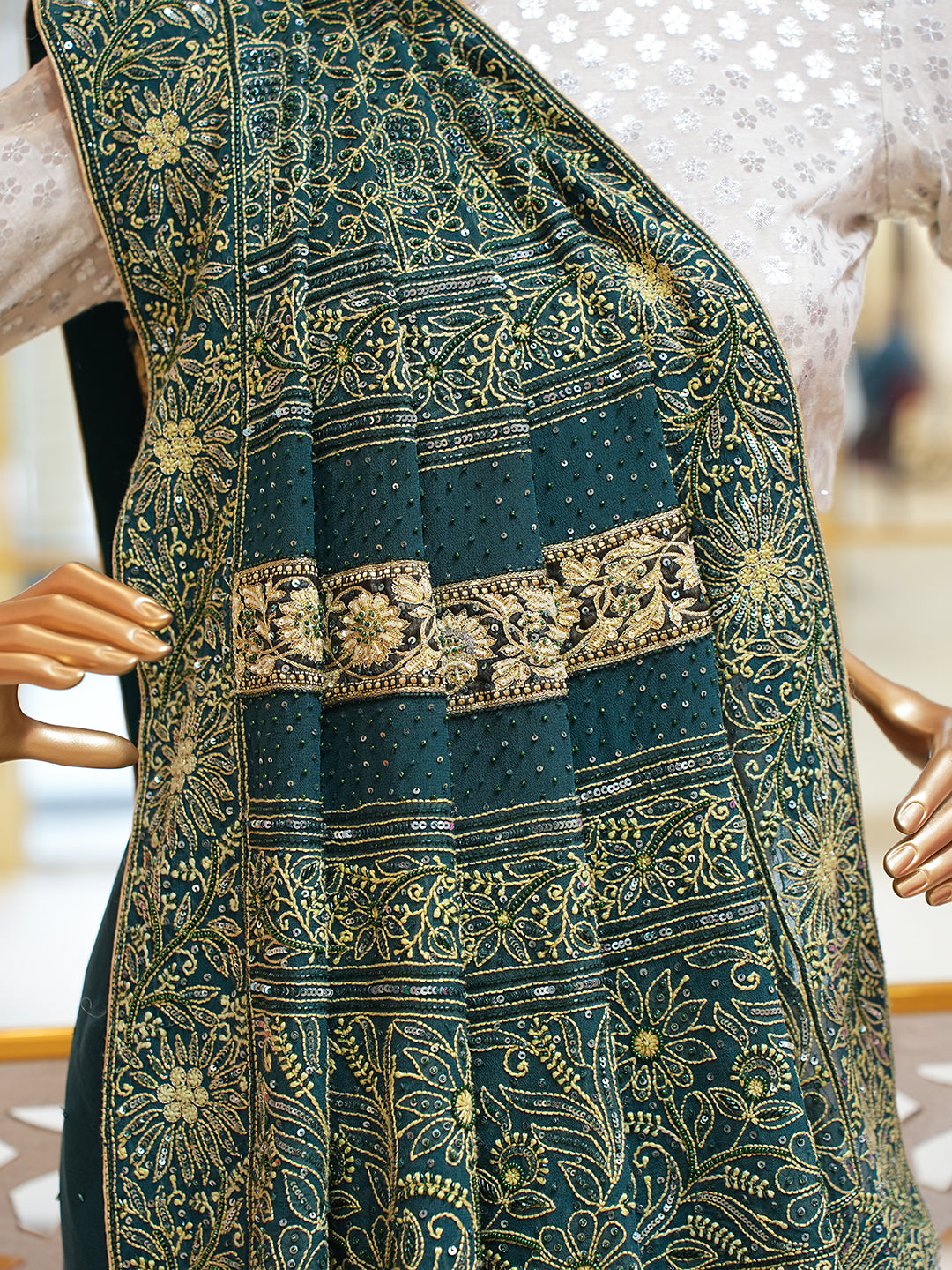 Ada Hand Embroidered Bottle Green Pure Georgette Lucknowi Chikankari Saree With Blouse And Sequinned Work 01A947778