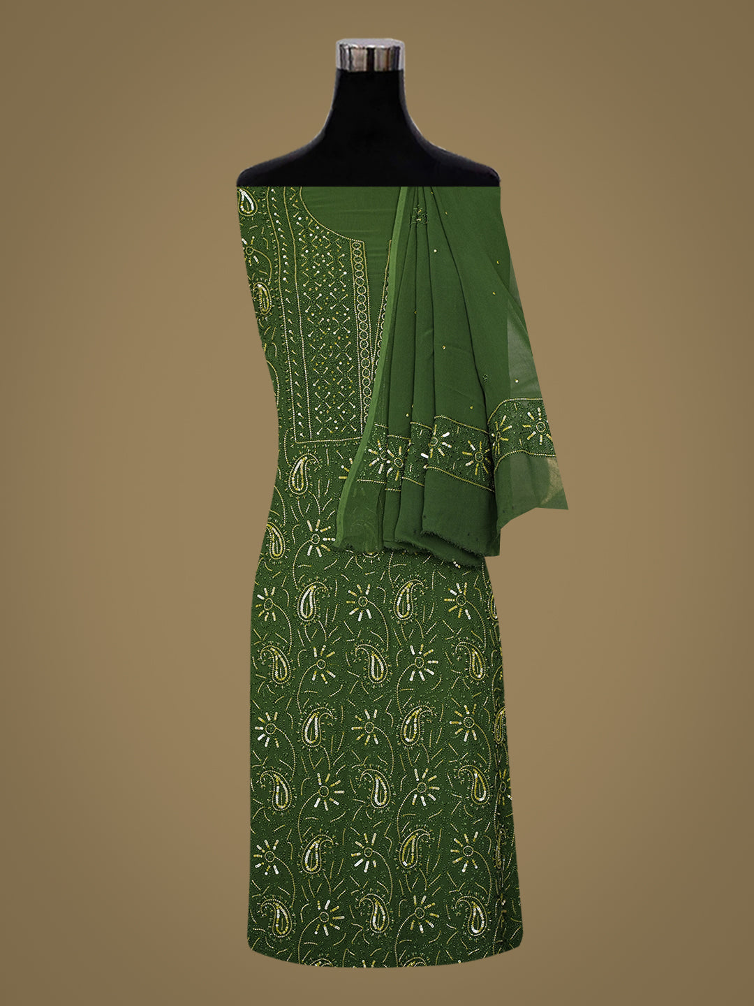Ada Hand Embroidered Bottle Green Viscose Georgette Lucknowi Chikankari Unstitched Kurta Dupatta Set with Cutdana Work 01A933478