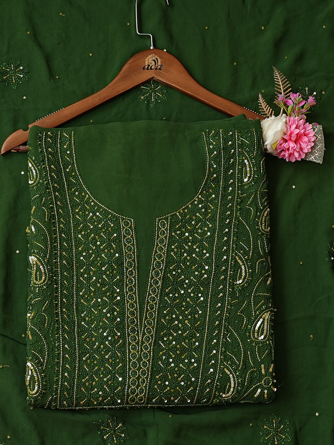 Ada Hand Embroidered Bottle Green Viscose Georgette Lucknowi Chikankari Unstitched Kurta Dupatta Set with Cutdana Work 01A933478