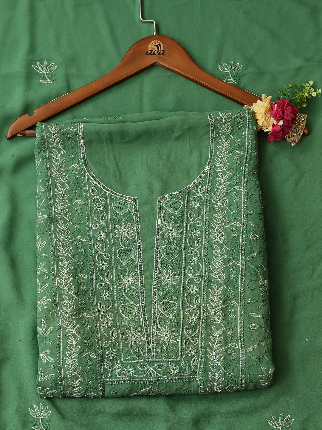 Ada Hand Embroidered Bottle Green Viscose Georgette Lucknowi Chikankari Unstitched Kurta Dupatta With Zari Taar Work 01A873604