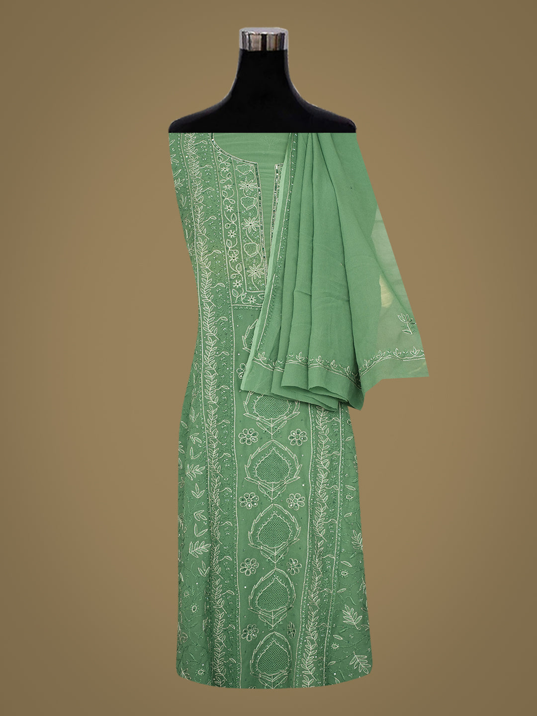 Ada Hand Embroidered Bottle Green Viscose Georgette Lucknowi Chikankari Unstitched Kurta Dupatta With Zari Taar Work 01A873604