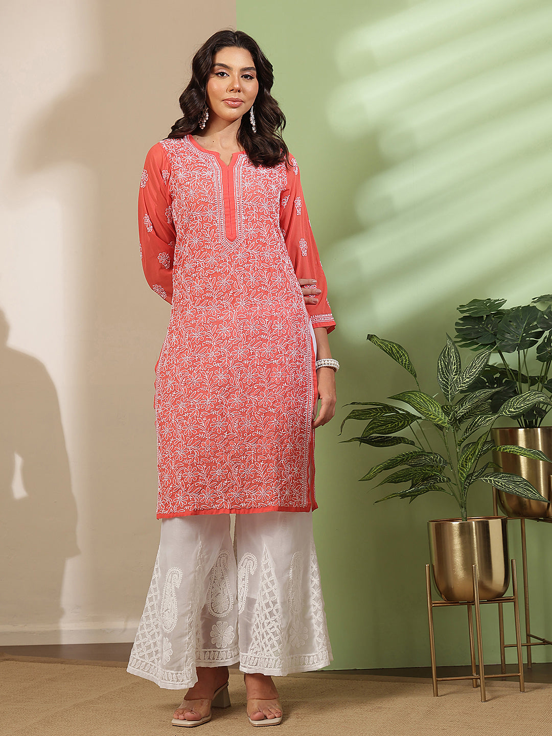 Ada Hand Embroidered Brick Red Georgette Lucknowi Chikankari Straight Kurta With Palazzo A811384