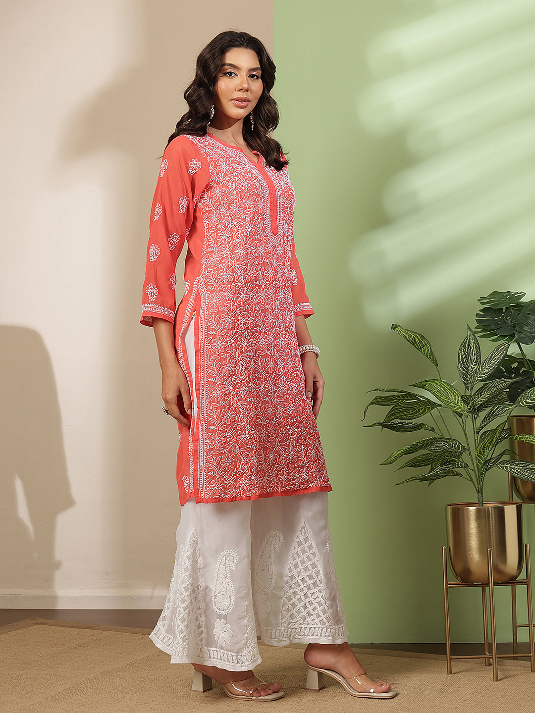 Ada Hand Embroidered Brick Red Georgette Lucknowi Chikankari Straight Kurta With Palazzo A811384