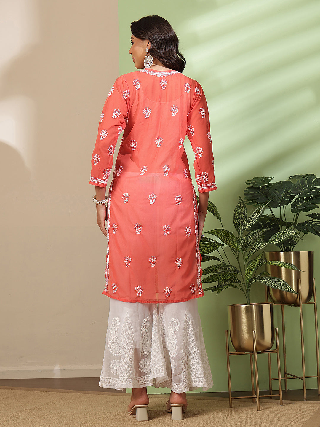 Ada Hand Embroidered Brick Red Georgette Lucknowi Chikankari Straight Kurta With Palazzo A811384