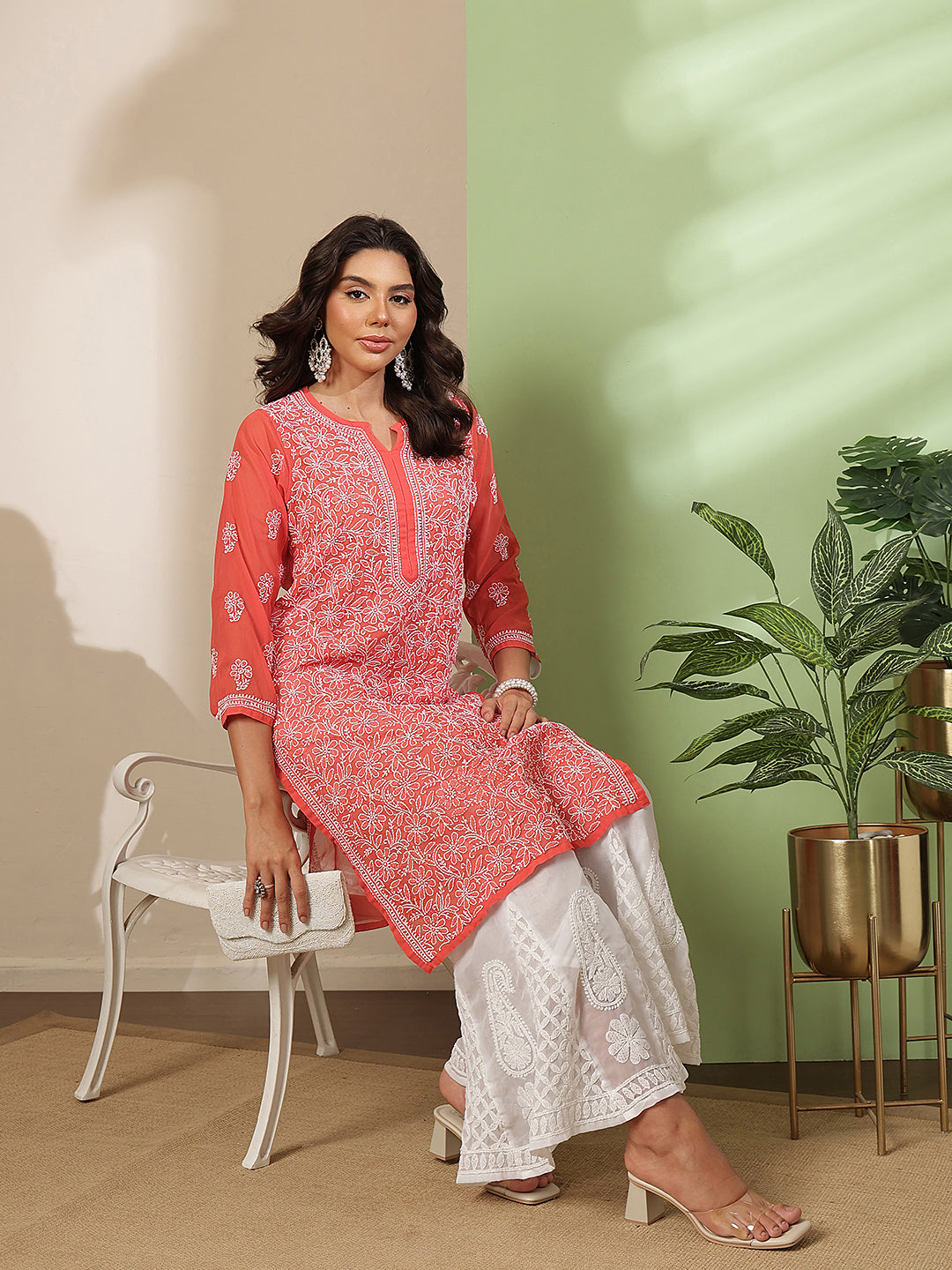Ada Hand Embroidered Brick Red Georgette Lucknowi Chikankari Straight Kurta With Palazzo A811384