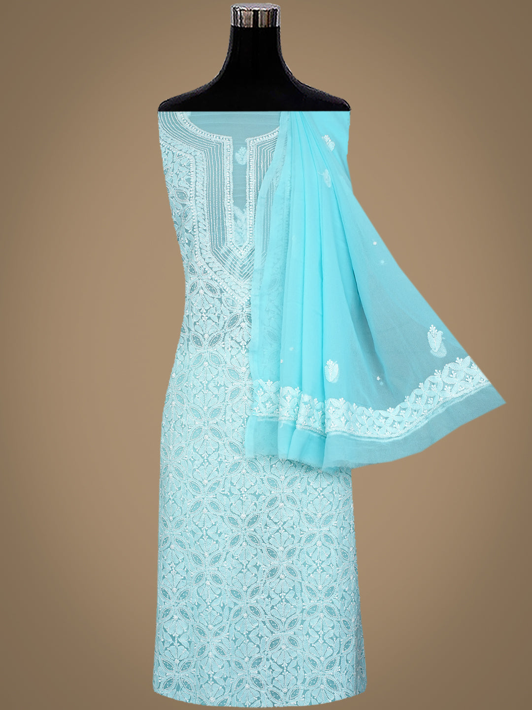 Ada Hand Embroidered Bright Sky Blue Faux Georgette Lucknowi Chikankari Unstitched Suit Piece With Pearl Work 01A998101