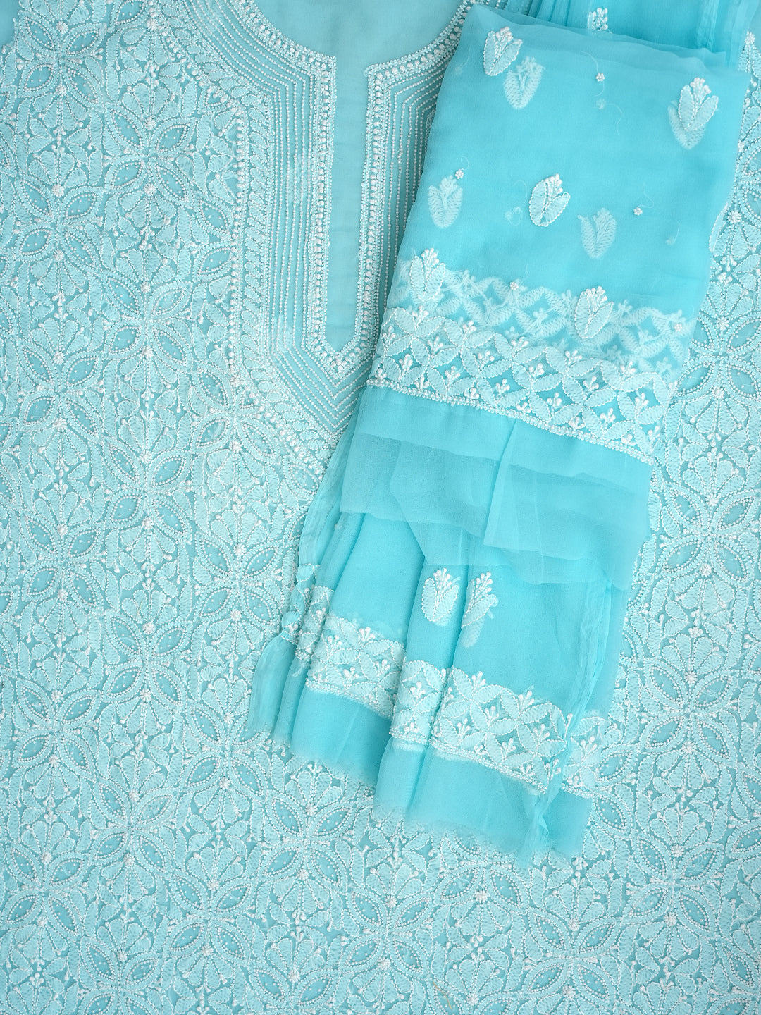 Ada Hand Embroidered Bright Sky Blue Faux Georgette Lucknowi Chikankari Unstitched Suit Piece With Pearl Work 01A998101
