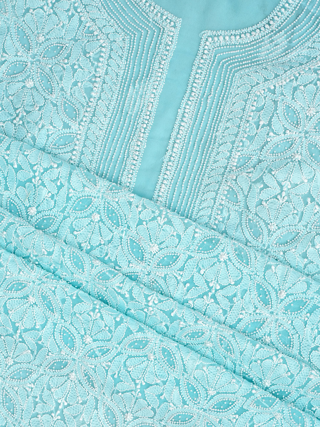 Ada Hand Embroidered Bright Sky Blue Faux Georgette Lucknowi Chikankari Unstitched Suit Piece With Pearl Work 01A998101