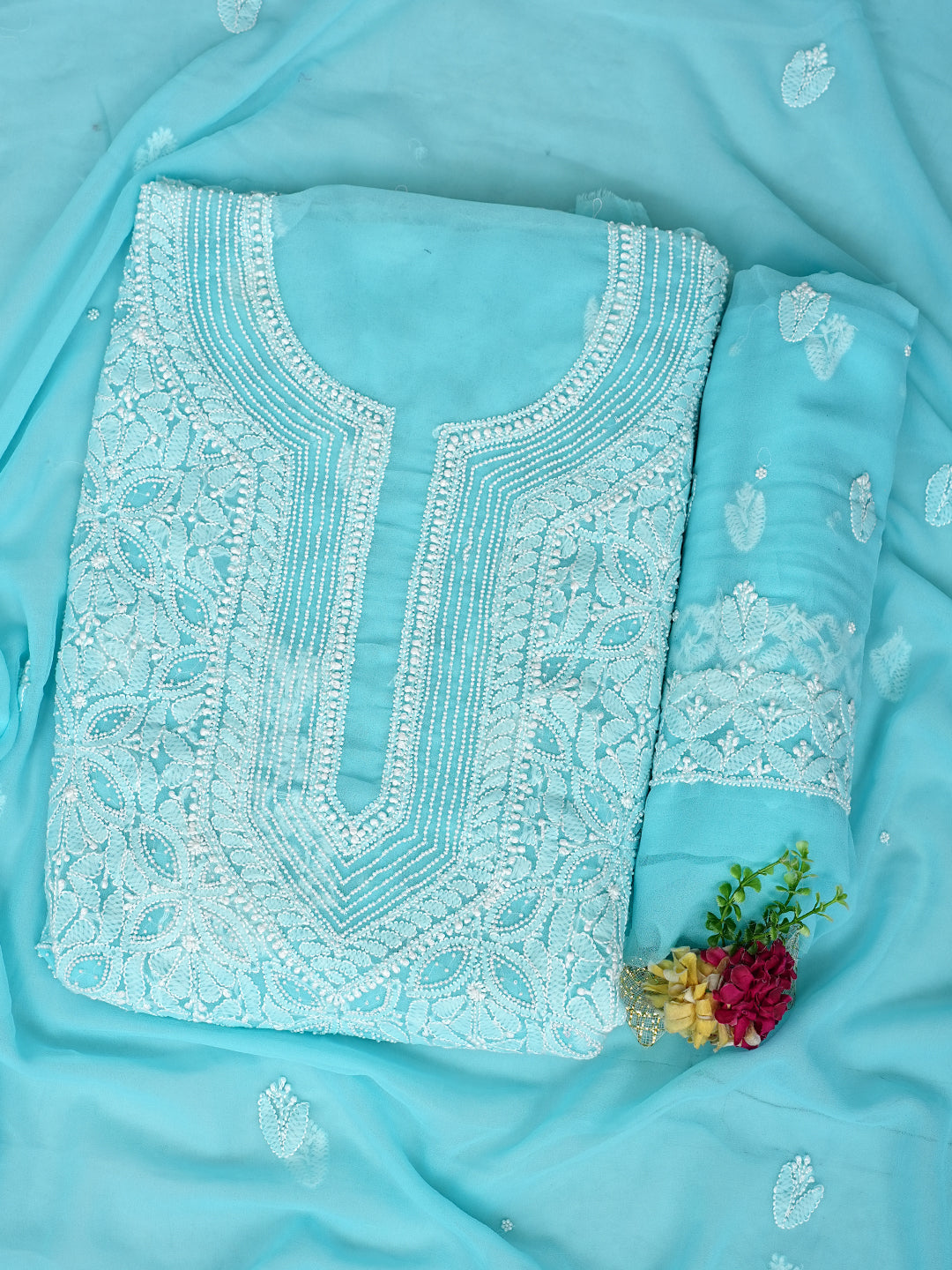 Ada Hand Embroidered Bright Sky Blue Faux Georgette Lucknowi Chikankari Unstitched Suit Piece With Pearl Work 01A998101
