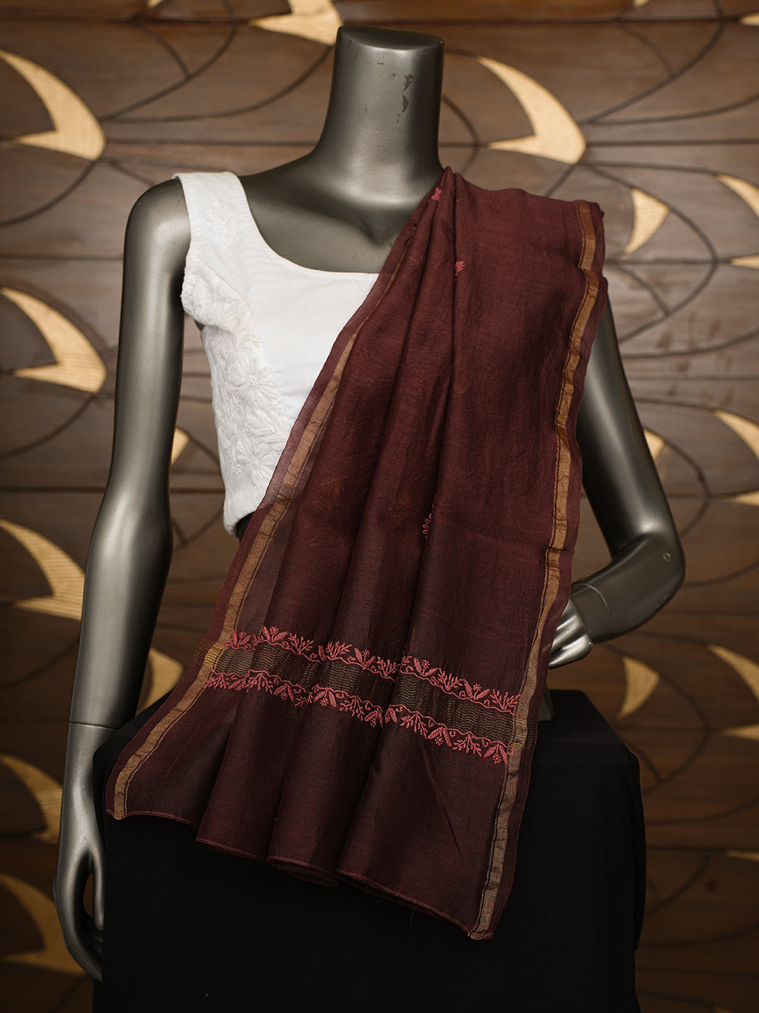 Ada Hand Embroidered Brown Chanderi Lucknowi Chikankari Dupatta 07A501149_1