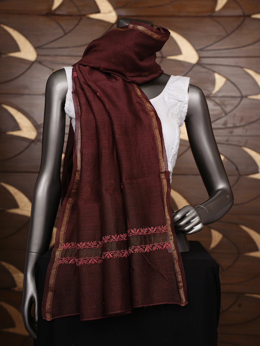 Ada Hand Embroidered Brown Chanderi Lucknowi Chikankari Dupatta 07A501149_2