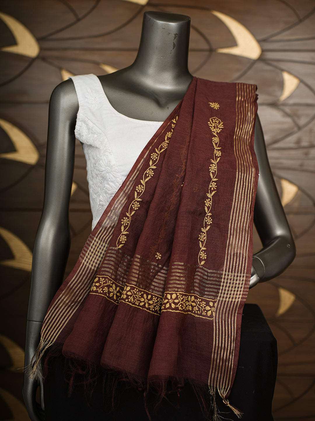 Ada Hand Embroidered Brown Chanderi Lucknowi Chikankari Dupatta 07A501210