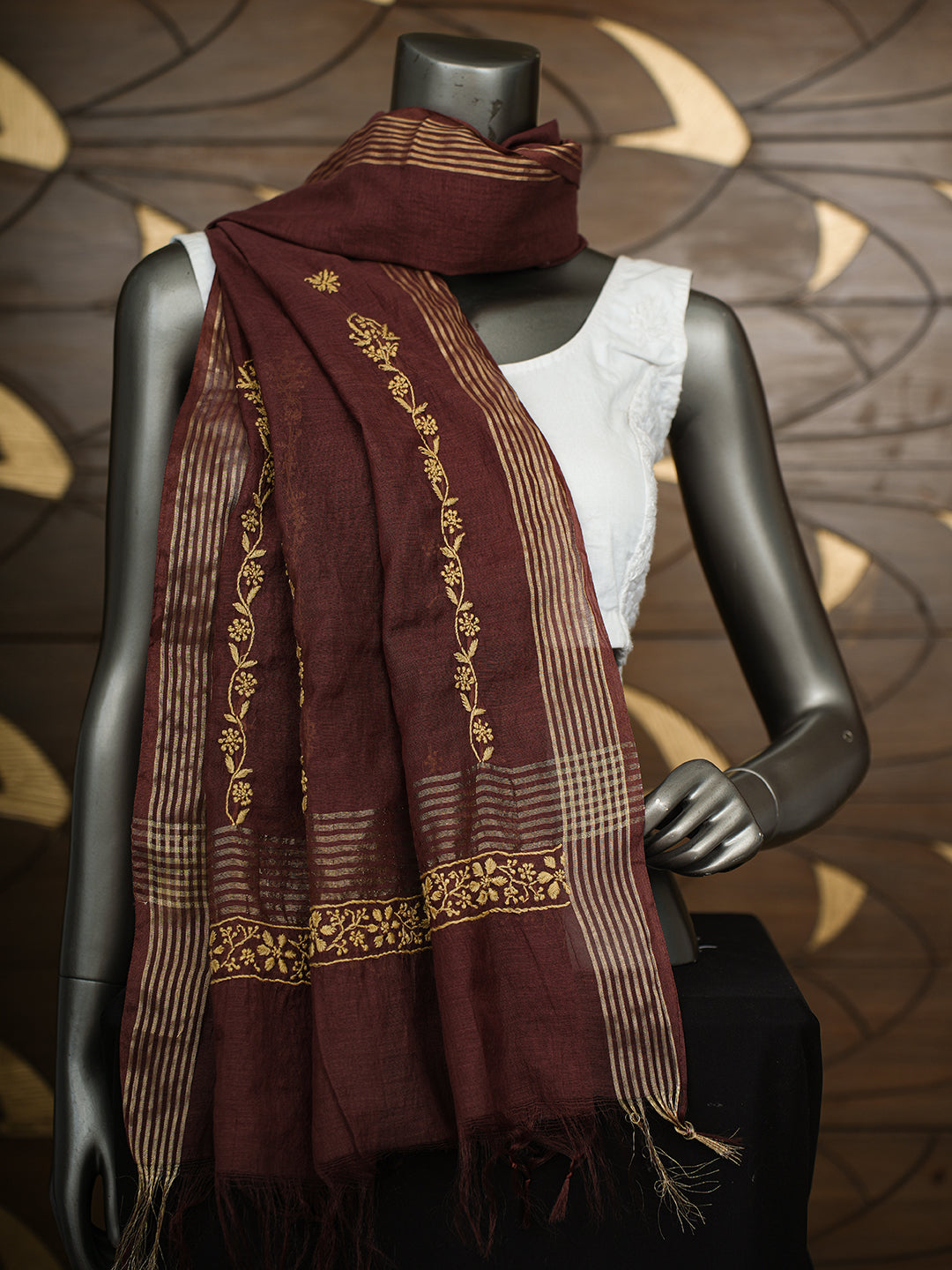 Ada Hand Embroidered Brown Chanderi Lucknowi Chikankari Dupatta 07A501210