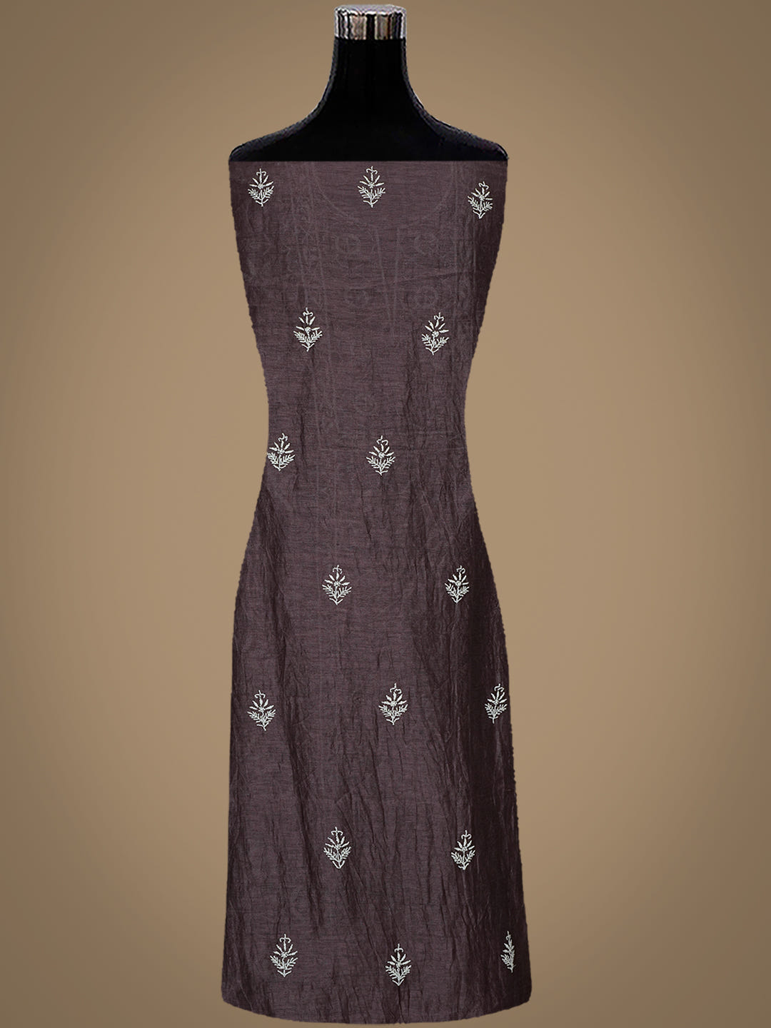 Ada Hand Embroidered Brown Linen Lucknowi Chikankari Unstitched Kurta Dupatta Set_2