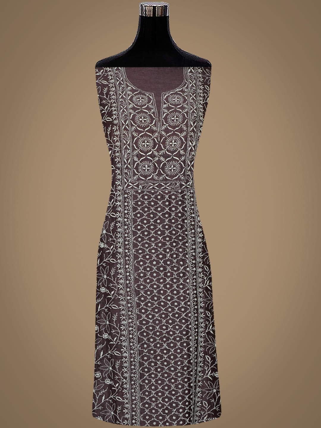 Ada Hand Embroidered Brown Linen Lucknowi Chikankari Unstitched Kurta Dupatta Set_3