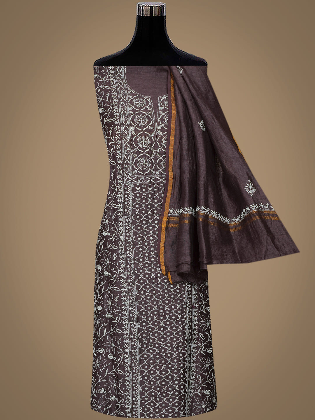 Ada Hand Embroidered Brown Linen Lucknowi Chikankari Unstitched Kurta Dupatta Set_4