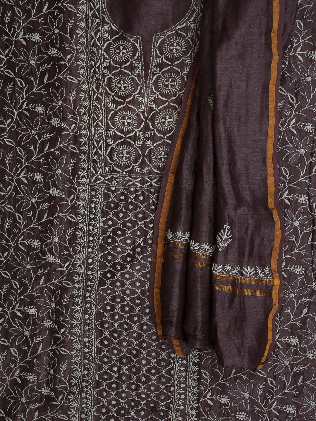 Ada Hand Embroidered Brown Linen Lucknowi Chikankari Unstitched Kurta Dupatta Set_5