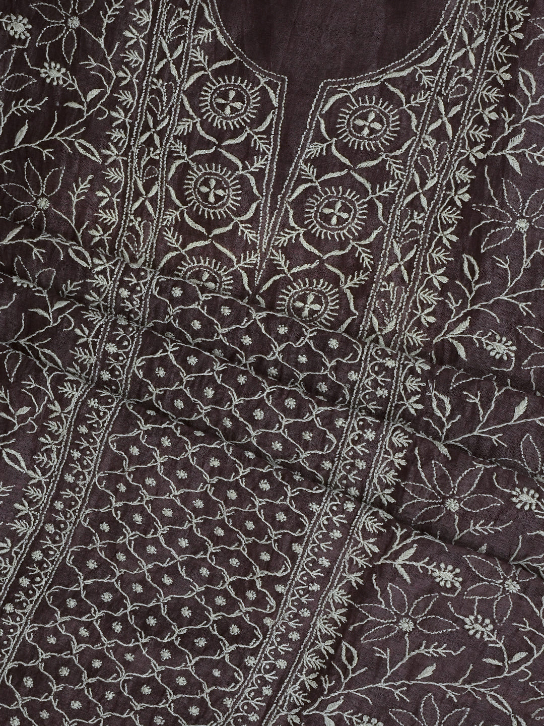 Ada Hand Embroidered Brown Linen Lucknowi Chikankari Unstitched Kurta Dupatta Set_6
