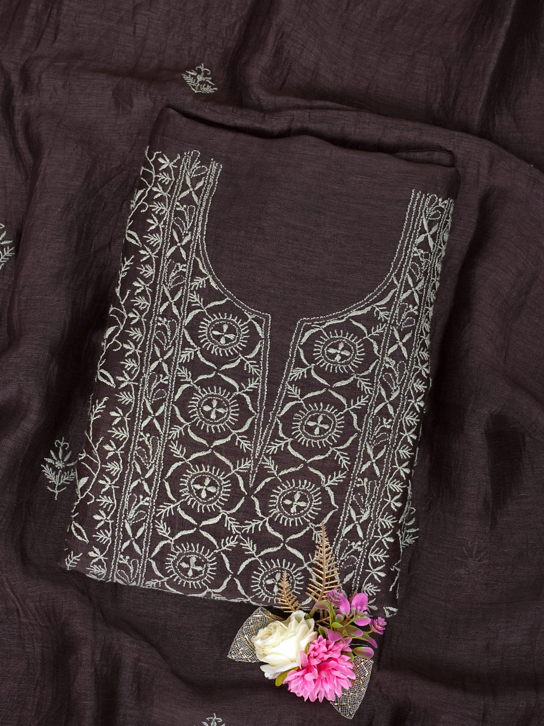Ada Hand Embroidered Brown Linen Lucknowi Chikankari Unstitched Kurta Dupatta Set_1