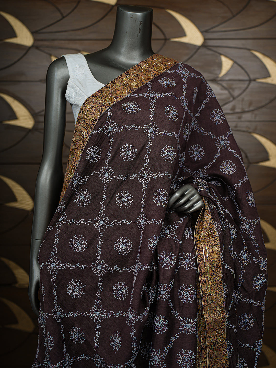 Ada Hand Embroidered Brown Silk Lucknowi Chikankari Dupatta With Zari Work 01A717543