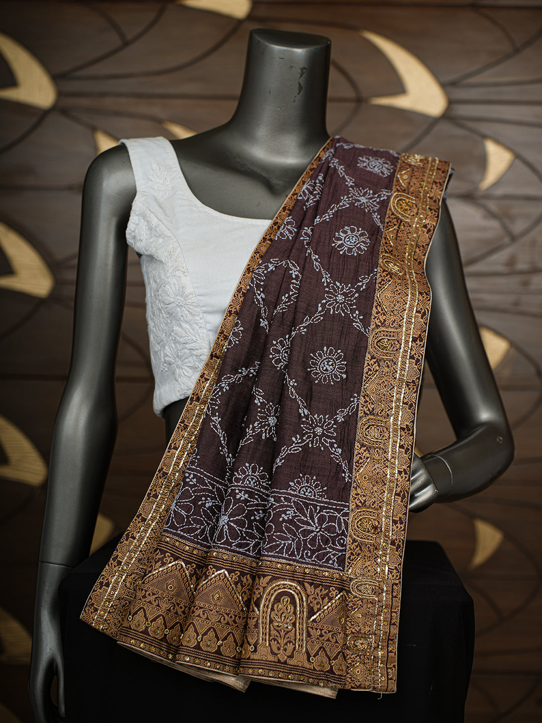 Ada Hand Embroidered Brown Silk Lucknowi Chikankari Dupatta With Zari Work 01A717543