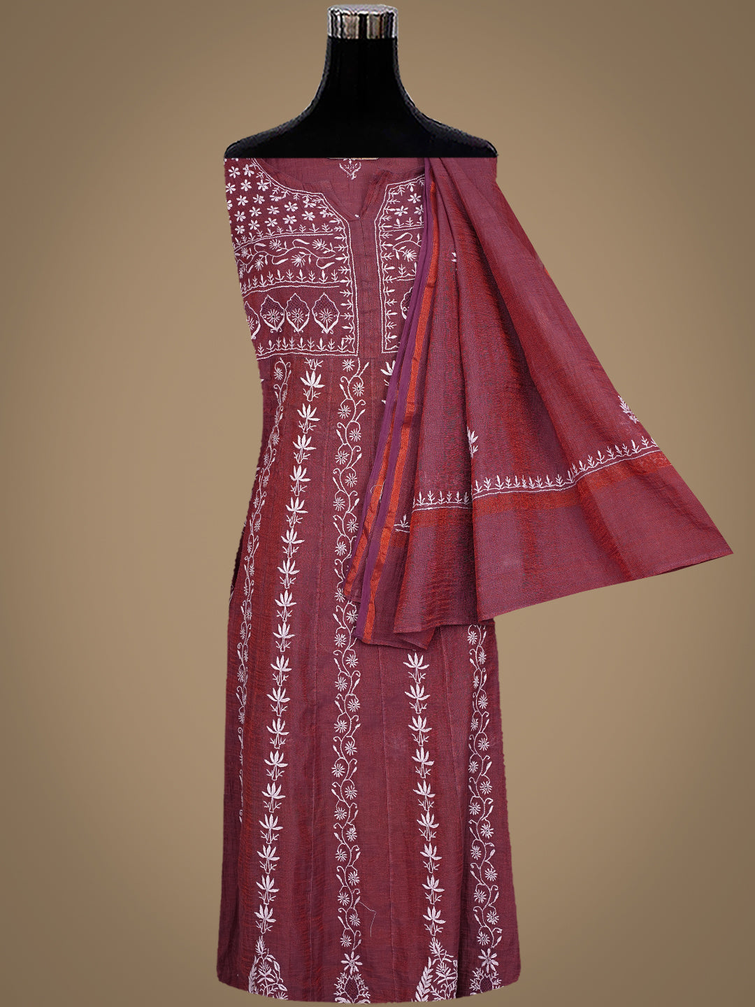 Ada Hand Embroidered Brown Tissue Lucknowi Chikankari Semi-stitched Kurta Dupatta set 01A617624