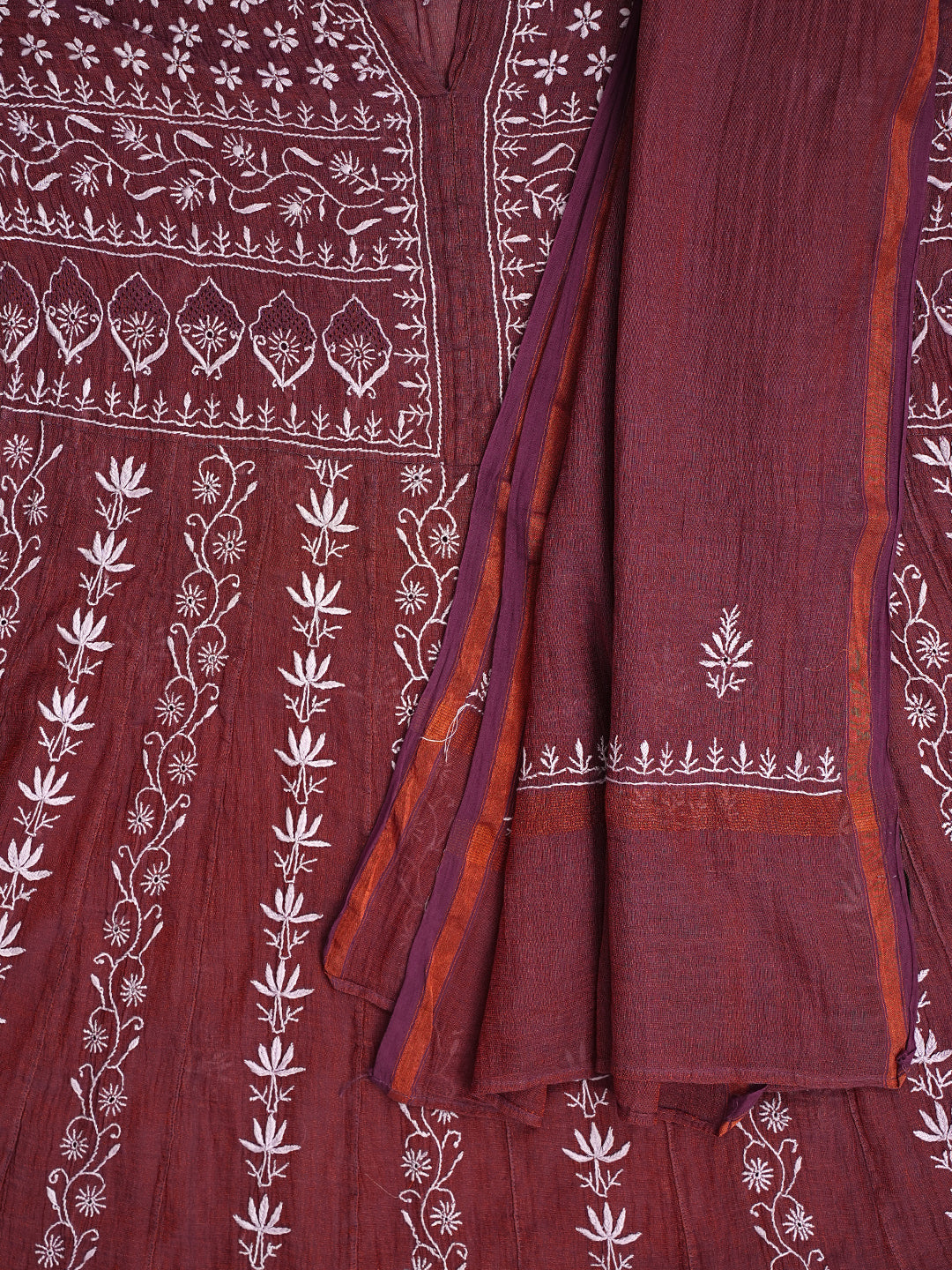 Ada Hand Embroidered Brown Tissue Lucknowi Chikankari Semi-stitched Kurta Dupatta set 01A617624