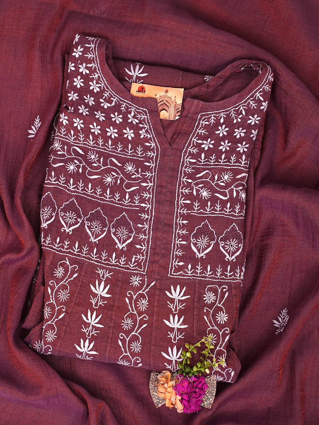 Ada Hand Embroidered Brown Tissue Lucknowi Chikankari Semi-stitched Kurta Dupatta set 01A617624