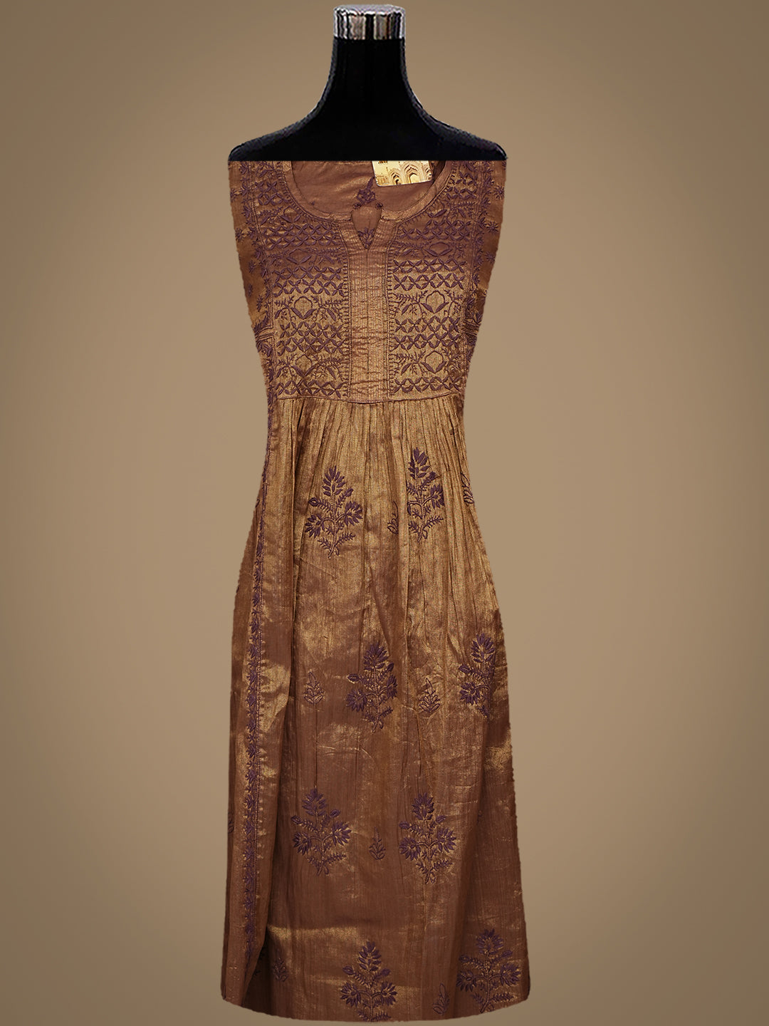Ada Hand Embroidered Brown Tissue Lucknowi Chikankari Semi-stitched Kurta Dupatta set 01A946070