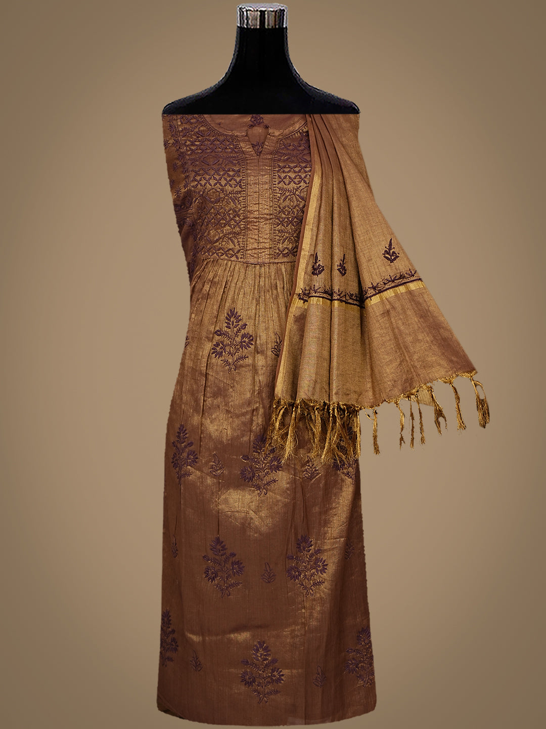Ada Hand Embroidered Brown Tissue Lucknowi Chikankari Semi-stitched Kurta Dupatta set 01A946070