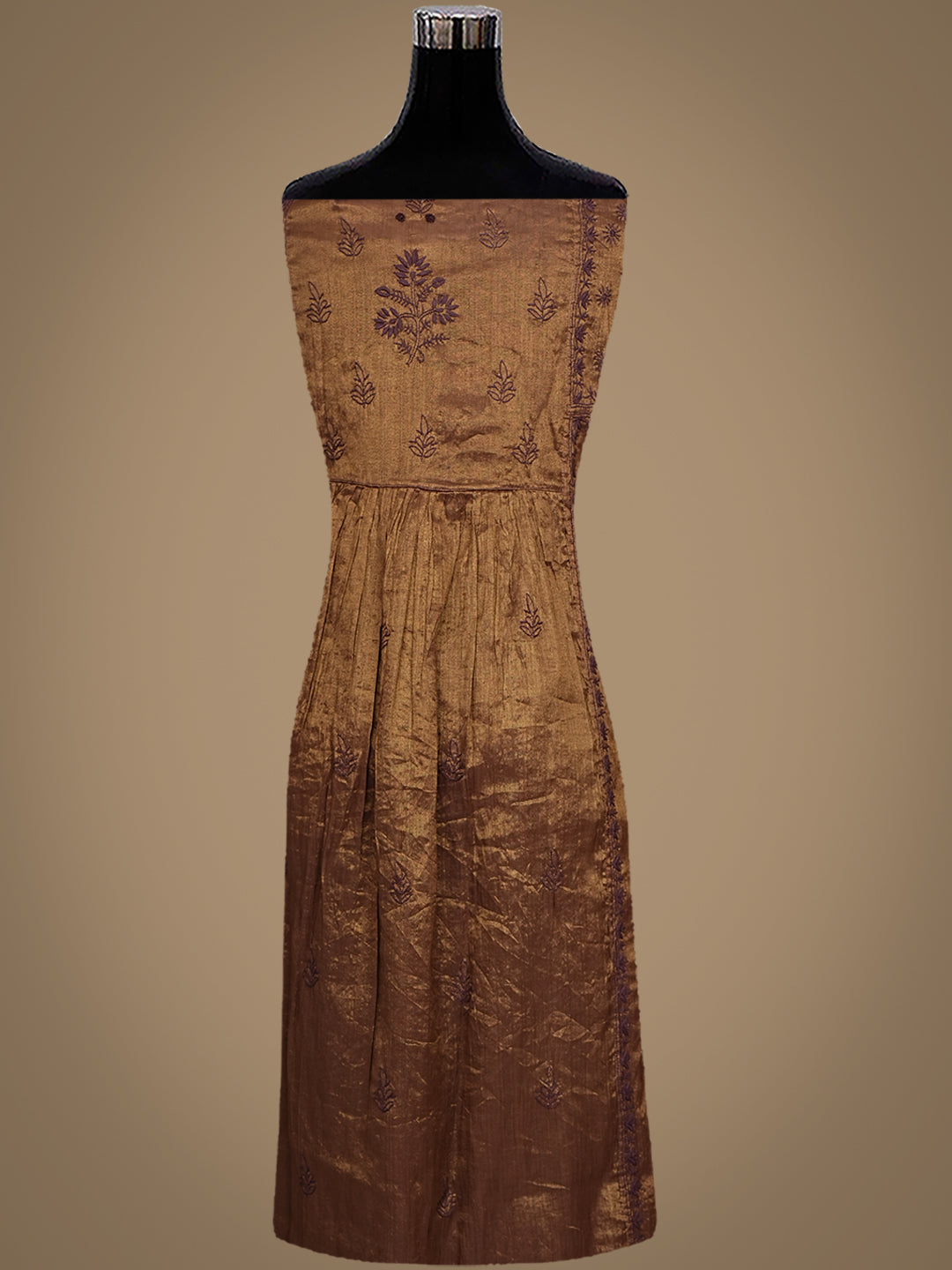 Ada Hand Embroidered Brown Tissue Lucknowi Chikankari Semi-stitched Kurta Dupatta set 01A946070