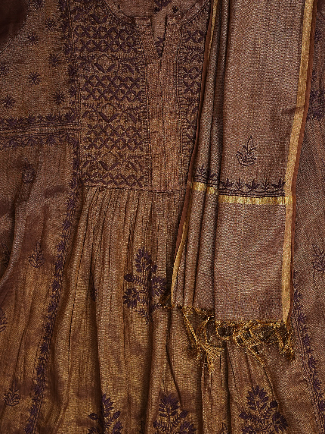 Ada Hand Embroidered Brown Tissue Lucknowi Chikankari Semi-stitched Kurta Dupatta set 01A946070